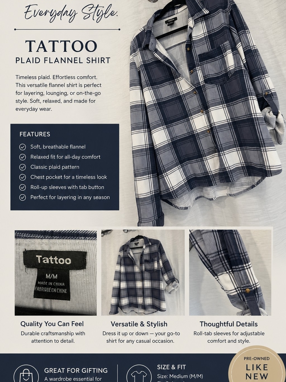 Men’s Navy & White Plaid Flannel Shirt